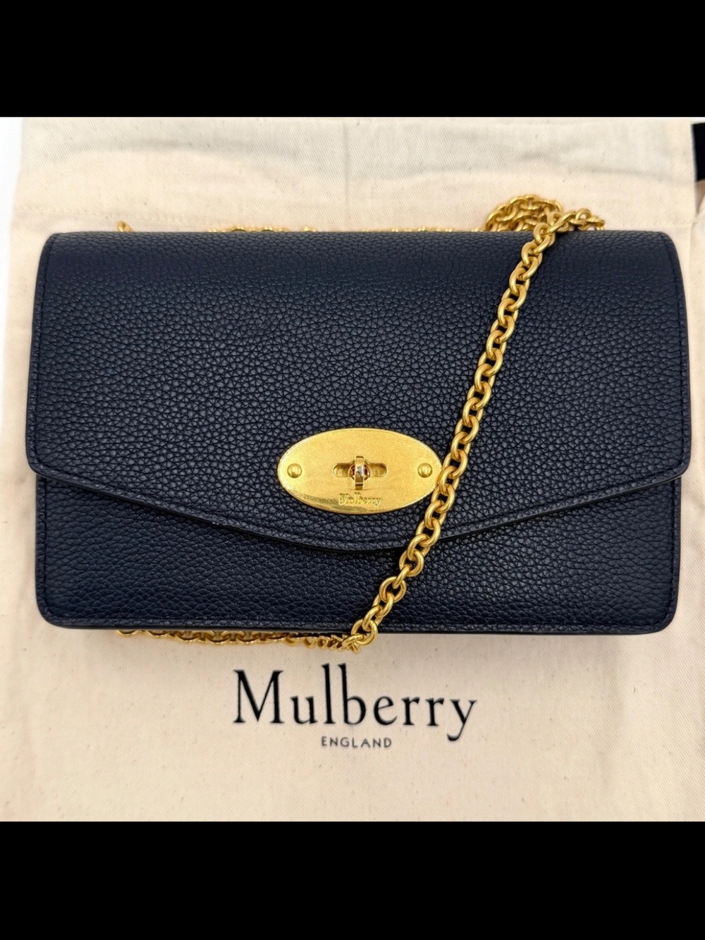 Mulberry Navy Blue Pebbled Leather Crossbody with Gold Chain